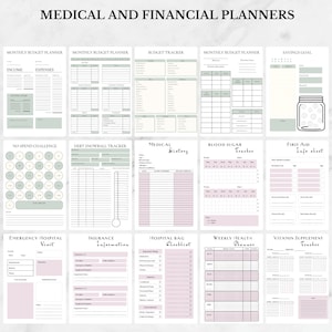 May include: A printable planner with pages for budgeting, medical history, blood sugar tracking, first aid, emergency hospital visits, insurance information, hospital bag checklist, weekly health planning, and vitamin supplement tracking. The pages are designed with a light pink and green color scheme.