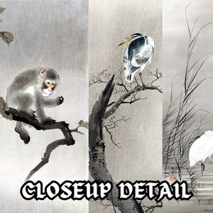 May include: A traditional Japanese painting depicting a monkey sitting on a branch, a heron standing on a branch, and a white egret standing in a marsh. The painting is done in shades of gray and white with a touch of orange.