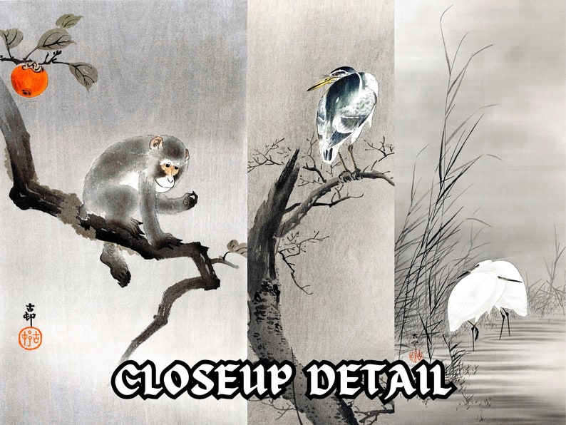 May include: A traditional Japanese painting depicting a monkey sitting on a branch, a heron standing on a branch, and a white egret standing in a marsh. The painting is done in shades of gray and white with a touch of orange.