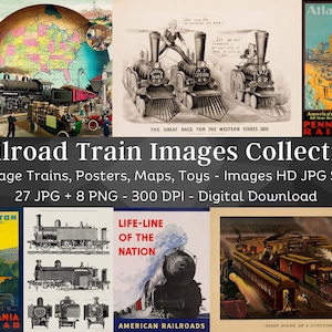 Vintage Railroad & Train Images / 27 JPG, 8 PNG HQ Digital Image Bundle / Antique Railway Ephemera Wall Art Collection / Descarga instantánea