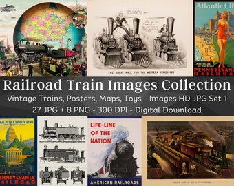 Imagens de ferrovia e trem vintage | Pacote de imagens digitais HQ 27 JPG, 8 PNG | Coleção de arte de parede de coisas efêmeras ferroviárias antigas | Download instantâneo