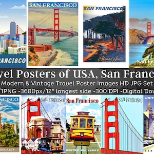 Travel Poster of America San Francisco| 27 JPG 1 PNG HQ Digital Image Bundle| Colorful Retro City Modern & Vintage Posters| Instant Download
