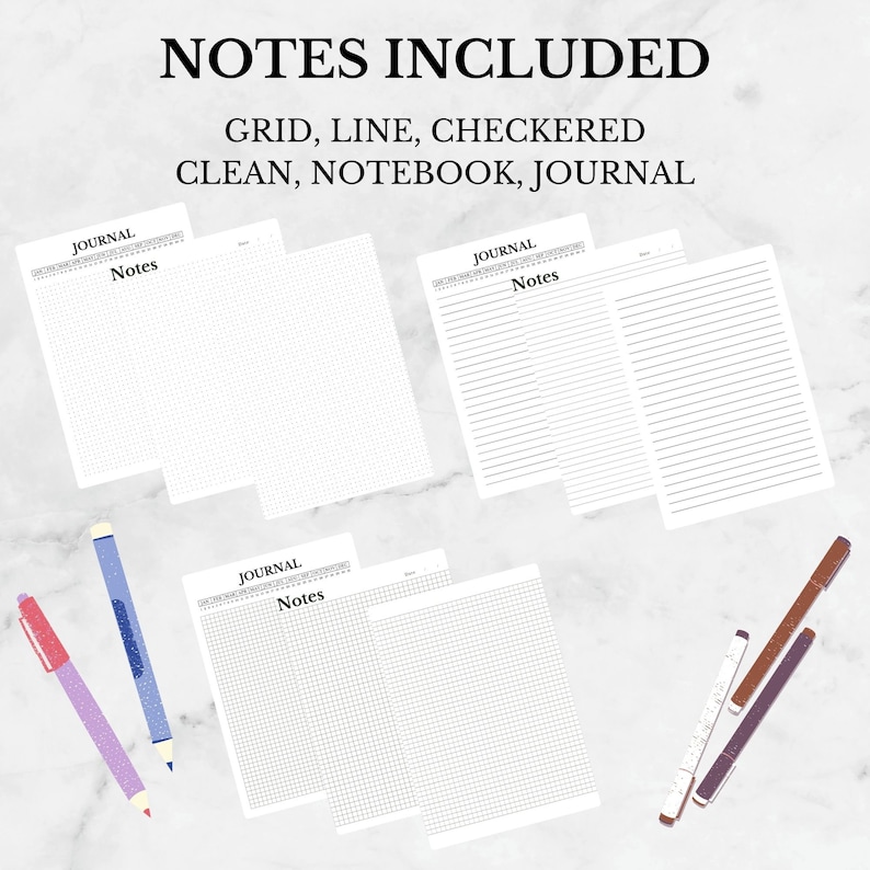 Puede incluir: Cuatro p&aacute;ginas de diario imprimibles con diferentes estilos de cuadr&iacute;cula: cuadr&iacute;cula, l&iacute;nea, tablero de ajedrez y limpio. El texto "JOURNAL Notes" est&aacute; en la parte superior de cada p&aacute;gina. El texto "NOTES INCLUDED GRID, LINE, CHECKERED CLEAN, NOTEBOOK, JOURNAL" est&aacute; en la parte superior de la imagen.