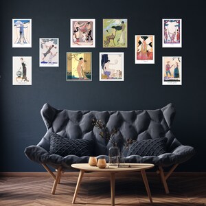 May include: A wall gallery of framed vintage art prints featuring various scenes and figures in a minimalist style. The prints are arranged in a grid pattern on a dark blue wall.