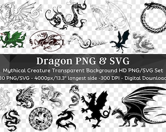 Dragon 30 PNG & SVG Bundle | Dragon Clipart | Dragon SVG | Dragon Silhouette| Fairytale Clipart| Commercial Use for Cricut| Digital Download