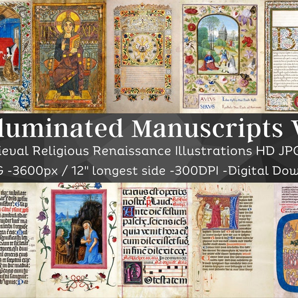 Illuminated Manuscript 36 Medieval Religious Renaissance Illustrations V1 | Gothic Vintage Printable Junk Journal Pages | Instant Download