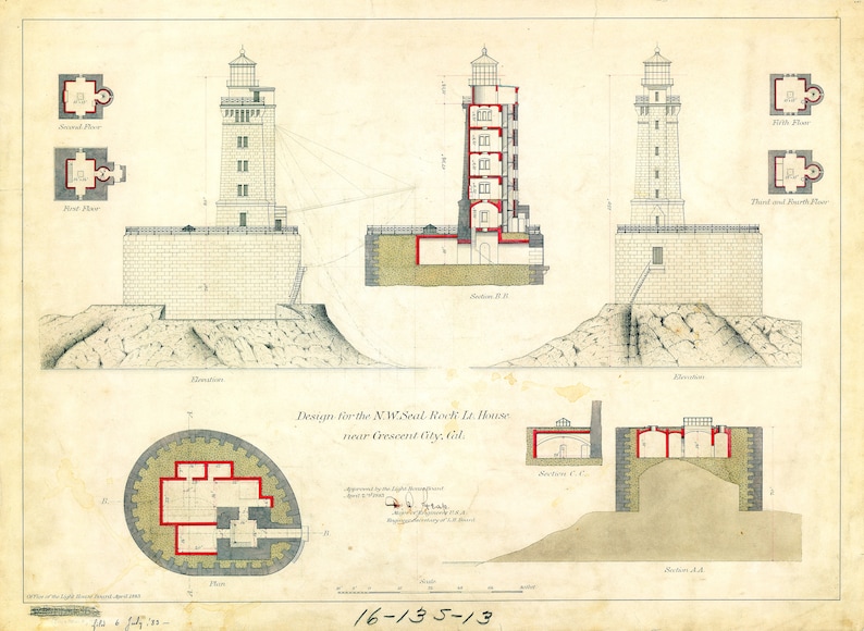 36 Vintage Lighthouse Blueprint Illustrations | Digital Architectural ...