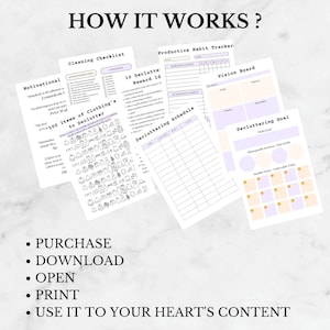 Puede incluir: Un conjunto de p&aacute;ginas de planificador imprimibles con un esquema de color morado y blanco. Las p&aacute;ginas incluyen una lista de verificaci&oacute;n de limpieza, un rastreador de h&aacute;bitos productivos, un cronograma de limpieza, un tablero de visi&oacute;n y un rastreador de objetivos de limpieza. El texto "&iquest;C&Oacute;MO FUNCIONA?" est&aacute; en la parte superior de la p&aacute;gina.