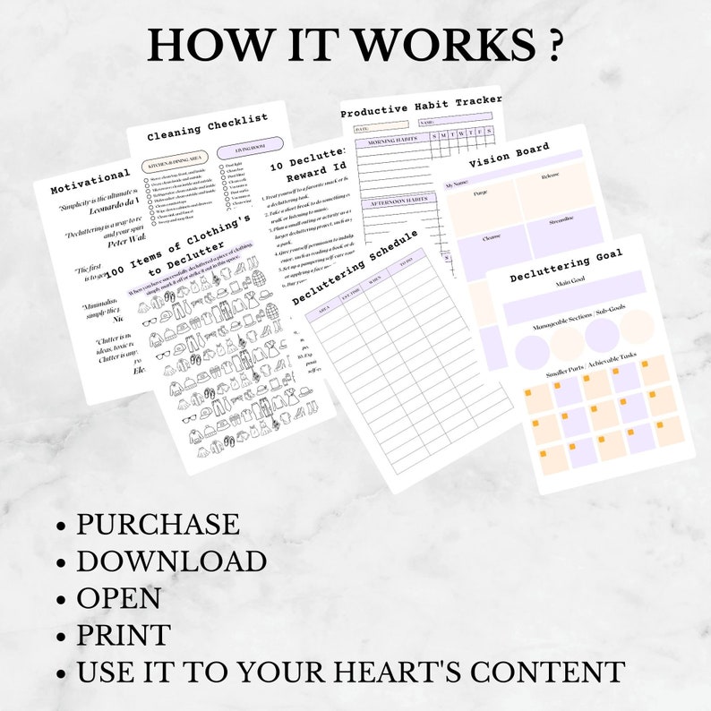 Puede incluir: Un conjunto de p&aacute;ginas de planificador imprimibles con un esquema de color morado y blanco. Las p&aacute;ginas incluyen una lista de verificaci&oacute;n de limpieza, un rastreador de h&aacute;bitos productivos, un cronograma de limpieza, un tablero de visi&oacute;n y un rastreador de objetivos de limpieza. El texto "&iquest;C&Oacute;MO FUNCIONA?" est&aacute; en la parte superior de la p&aacute;gina.