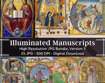 25 páginas de manuscritos iluminados / Diario basura medieval / Paquete inicial historiado / Ilustraciones imprimibles vintage HQ / Descarga instantánea
