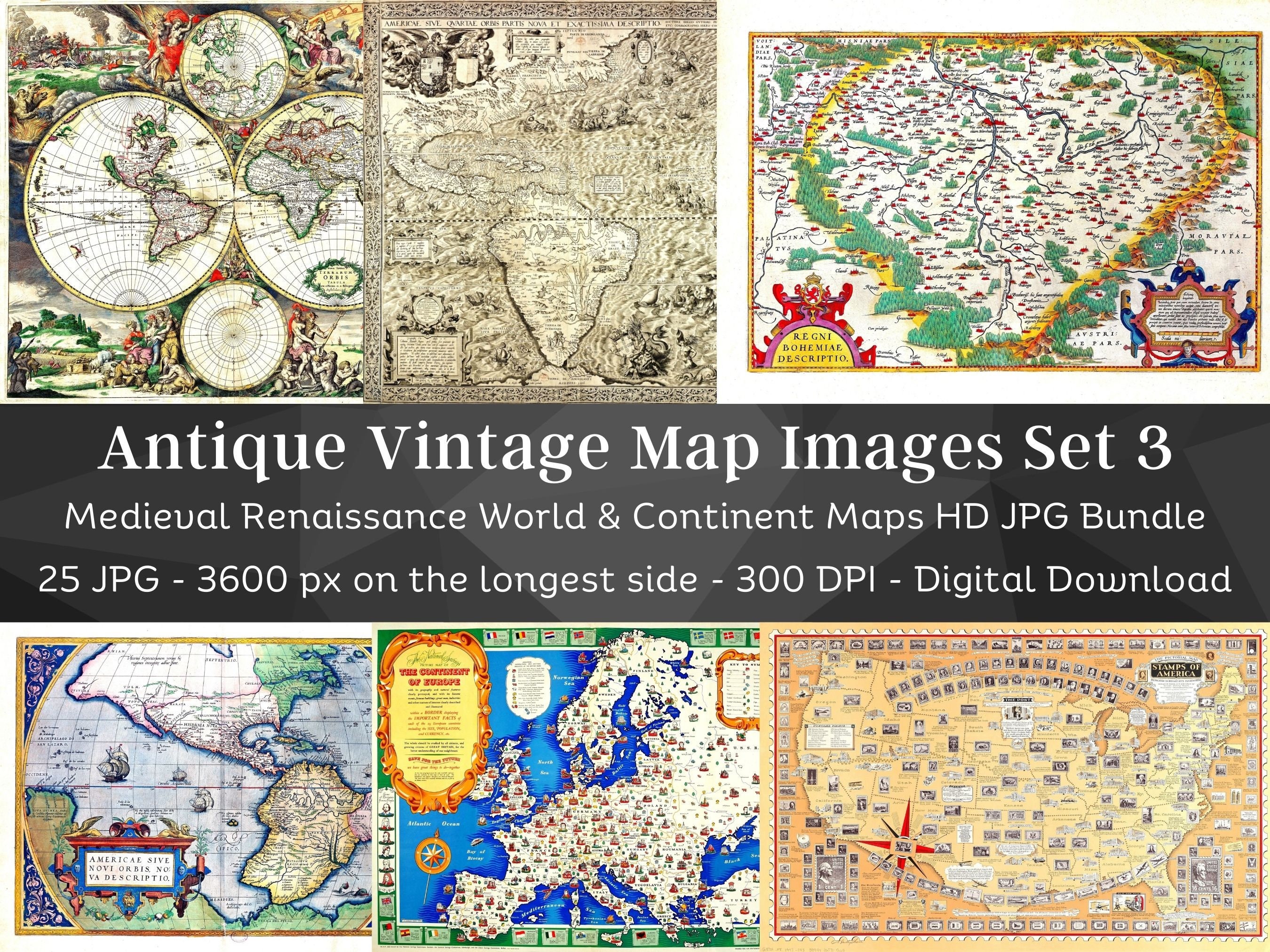 25 Antique Map Images | Medieval Renaissance Maps Set 3 | Scrapbook Junk Journal World Map | Vintage Retro Map | Instant Download | Com. Use