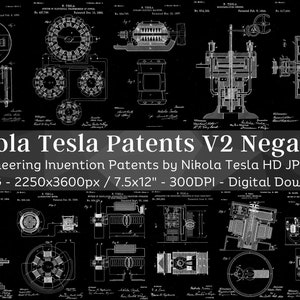 Nikola Teslas tekniska patent och uppfinningar 81 illustrationer V2 negativ | Tech Decor HQ bildpaket utskrivbar väggkonst | Digital nedladdning