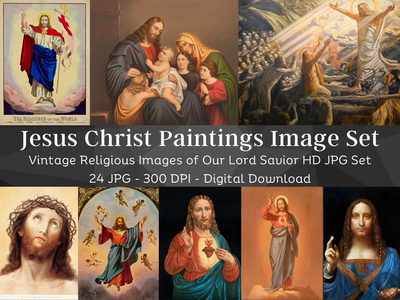 May include: A digital download set of 24 vintage religious images of Jesus Christ. The images are in high definition JPG format and are 300 DPI. The set includes images of Jesus in various poses, including with children, with a crown of thorns, and with his heart exposed.