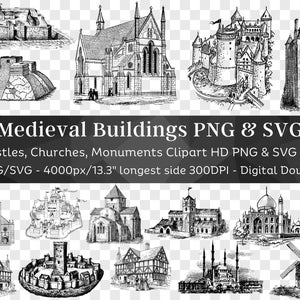 Middeleeuwse gebouwen Clipart 70 PNG, SVG | Kasteel, kerk, monument, fort, paleis, gotische architectuur Scrapbooking | Cricut gesneden bestanden, Vector