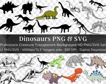 May include: A set of 42 digital illustrations of dinosaurs in various poses and styles. The illustrations are in black and white, colour, and skeletal form. The dinosaurs are on a transparent background. The text "Dinosaurs PNG & SVG" is at the top of the image. The text "Prehistoric Creature Transparent Background HD PNG/SVG Set" is below the title. The text "42 PNG/SVG - 4000px/13.3" longest side -300 DPI - Digital Download" is below the description.
