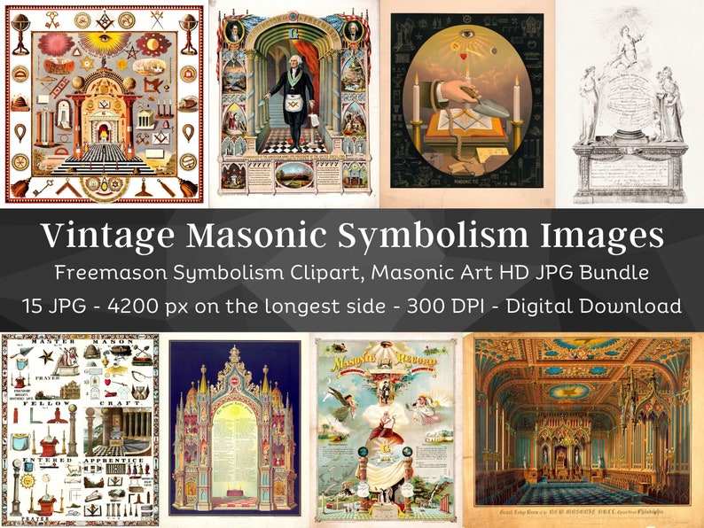 May include: A collection of 15 vintage Masonic symbolism images in a digital download bundle. The images feature various Masonic symbols, including the square and compass, the all-seeing eye, and the Masonic temple. The images are in high resolution and are perfect for use in crafts, scrapbooking, or digital design projects.
