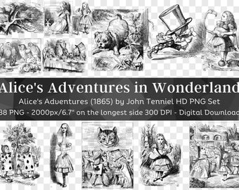 Può includere: Un set di 38 illustrazioni in bianco e nero di Alice nel Paese delle Meraviglie di John Tenniel. Le illustrazioni sono in formato PNG e misurano 2000 pixel per 6,7 pollici sul lato più lungo. Le illustrazioni sono a 300 DPI e sono disponibili per il download digitale.