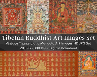 Vintage Tibetan Buddhist Thangka & Mandala Art Images | 28 HQ Digital Image Bundle | Antique Buddhist Wall Art Collection | Instant Download
