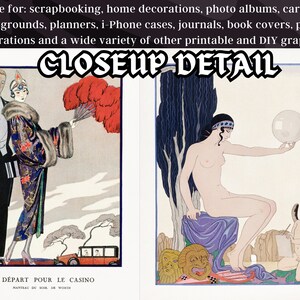 May include: Two vintage illustrations in a black frame. The left illustration shows a couple in a formal setting, the woman is wearing a long black and blue dress with a fur collar and a hat. The right illustration shows a nude woman sitting on a rock, holding a bubble, with a winged figure drawing her portrait.