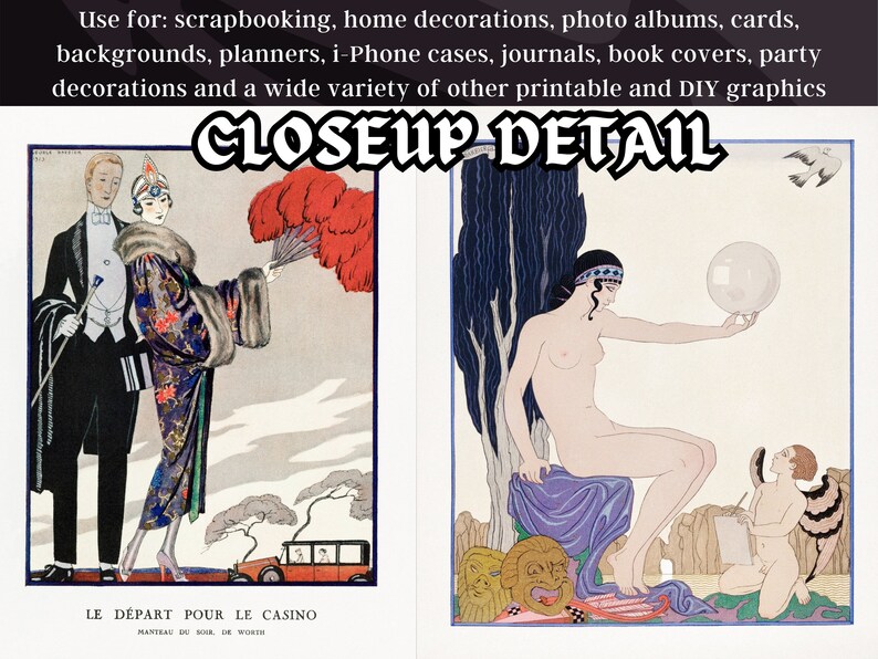 May include: Two vintage illustrations in a black frame. The left illustration shows a couple in a formal setting, the woman is wearing a long black and blue dress with a fur collar and a hat. The right illustration shows a nude woman sitting on a rock, holding a bubble, with a winged figure drawing her portrait.