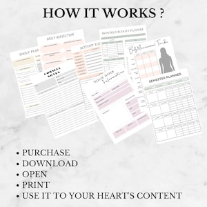 May include: A set of printable planner pages with a variety of layouts, including a daily plan, a monthly budget planner, a body measurement tracker, a house sitter information sheet, a semester planner, and a daily reflection page. The pages are designed in a minimalist style with black and white text and a light pink and green color scheme.