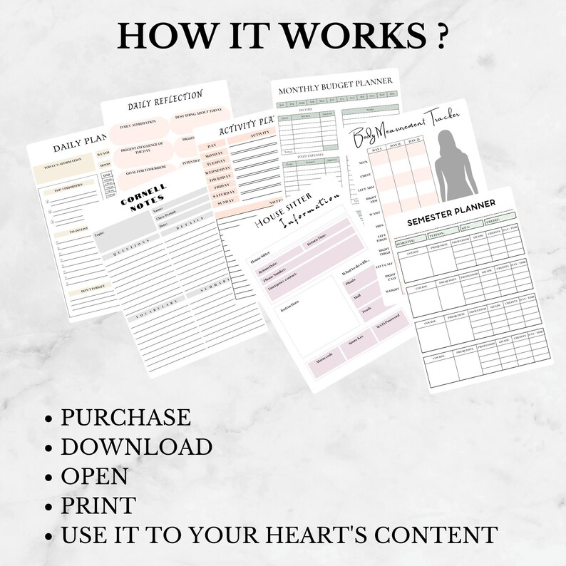 May include: A set of printable planner pages with a variety of layouts, including a daily plan, a monthly budget planner, a body measurement tracker, a house sitter information sheet, a semester planner, and a daily reflection page. The pages are designed in a minimalist style with black and white text and a light pink and green color scheme.