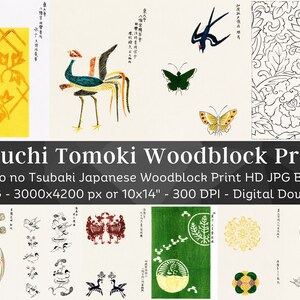 Puede incluir: Una colección de 45 estampados japoneses en madera con diversos diseños, incluyendo pájaros, mariposas, flores y patrones geométricos. Los estampados están en blanco y negro y en color, y están disponibles como descargas digitales de alta resolución.