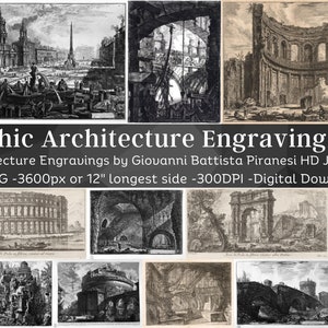Grabados de arquitectura gótica de Piranesi 43 imágenes digitales V1 / Dark Moody Cottage Wall Art Decor / Dark Academia Archaeology Ruins Rome 1700s