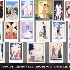 May include: A collage of 12 vintage art deco illustrations featuring women in various poses and settings. The illustrations are in a style reminiscent of the 1920s and 1930s, with bold lines, geometric shapes, and a sense of glamour. The illustrations are printed on a white background.