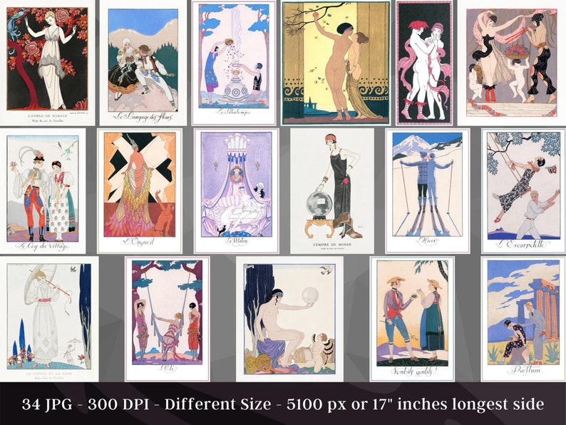 May include: A collage of 12 vintage art deco illustrations featuring women in various poses and settings. The illustrations are in a style reminiscent of the 1920s and 1930s, with bold lines, geometric shapes, and a sense of glamour. The illustrations are printed on a white background.