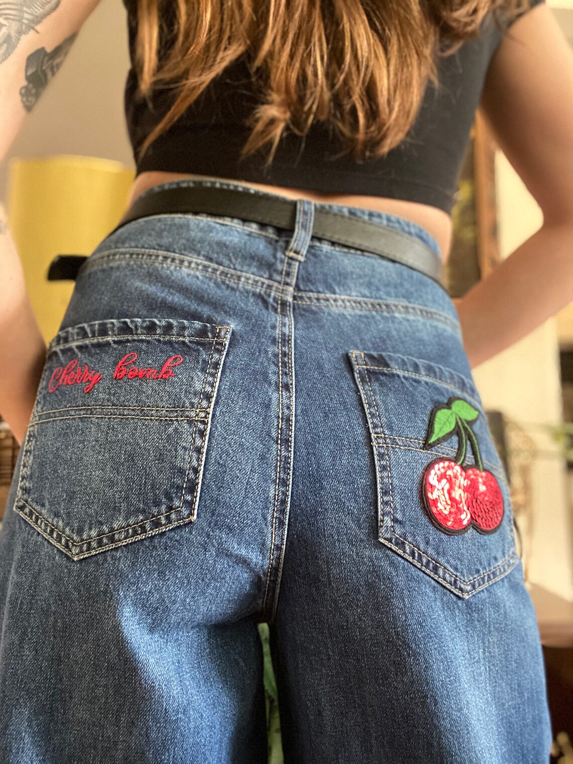 Cherry Bomb Jeans Hand Embroidered Jeans Cherry Jeans Etsy