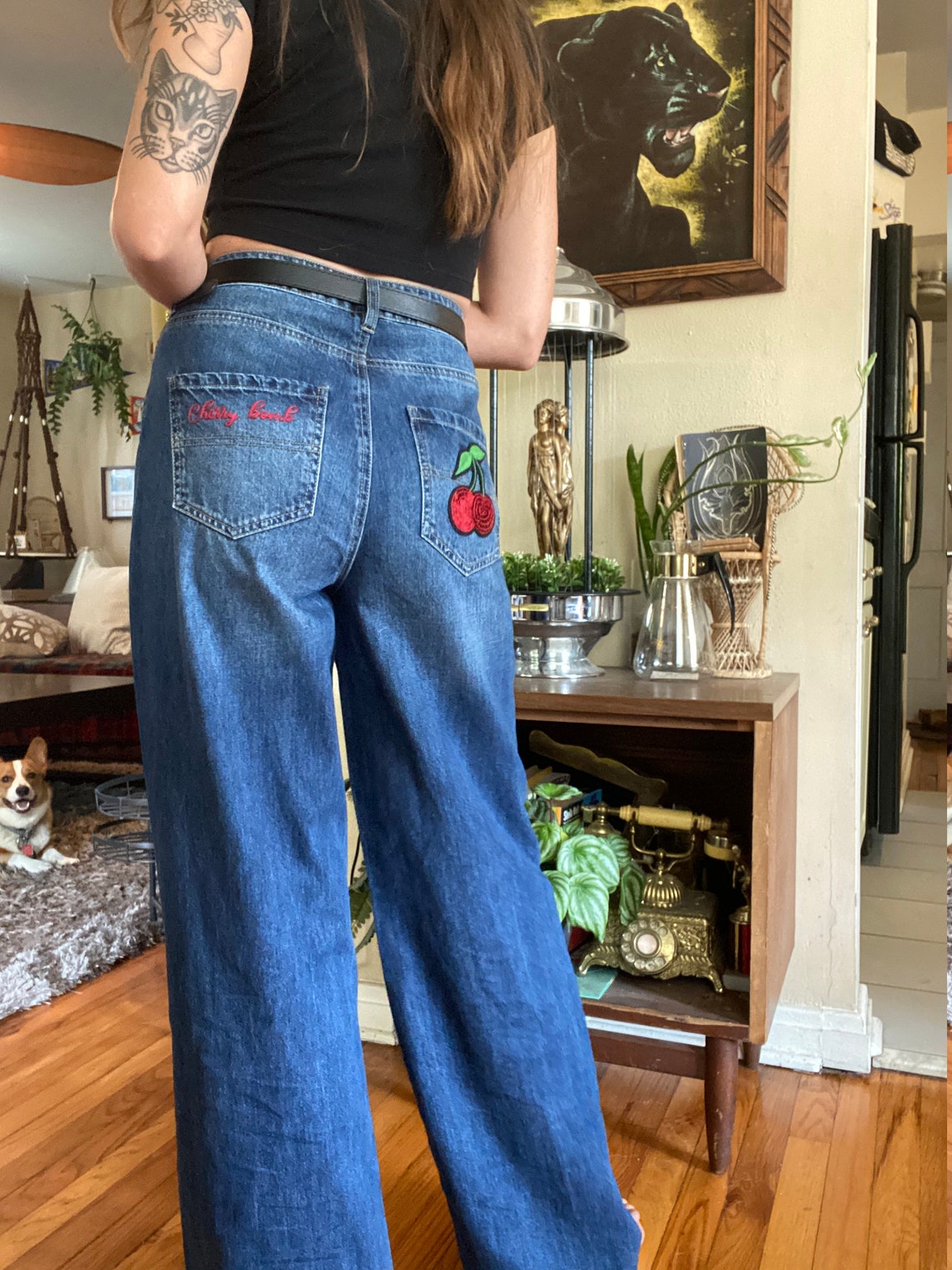 Cherry Bomb Jeans Hand Embroidered Jeans Cherry Jeans Etsy