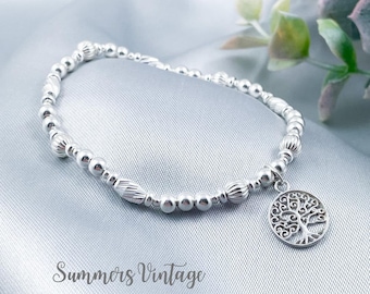 Sterling Silver Tree of Life Bracelet, Spiritual Jewellery, Luxury Stacking Stretch Bracelet