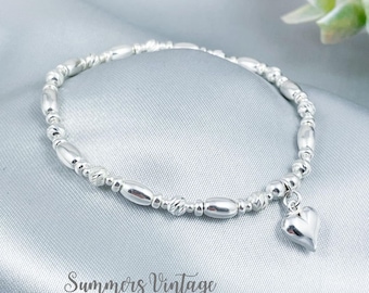 Sterling Silver Heart Bracelet, 925 Silver Beaded Stretch Stacking Bracelet, Dainty Romantic Wife Girlfriend Gift, Classic Elegant Bracelet