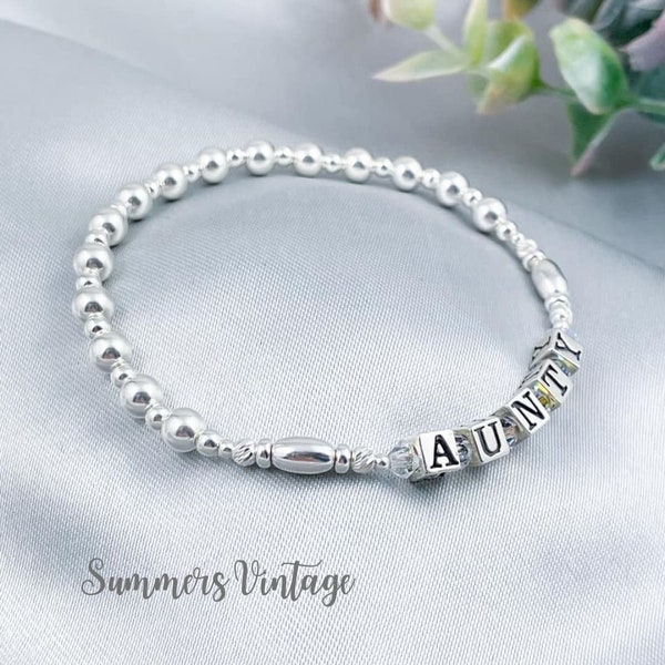 Sterling Silver Aunty Bracelet, Beaded Stretch Stacking Bracelet, Personalised Bracelet Gift, Aunt Auntie Birthday Bracelet