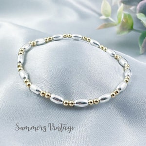 Sterling Silver and Gold Oval Bead Stacking Bracelet, Simple Stretch Dainty Layering Jewellery, Minimalist Bracelet