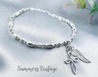 925 Sterling Silver Eternity Cross and Angel Wing Bracelet, Guardian Angel Stretch Stacking Bracelet, Religious Jewellery, Spiritual Gift