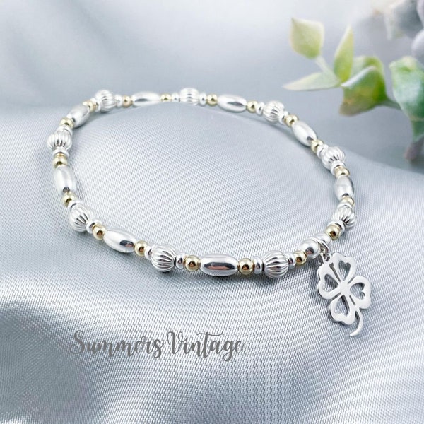 Solid Sterling Silver and Gold Lucky Four Leaf Clover Bracelet, Shamrock Charm Stretch Stacking Bracelet