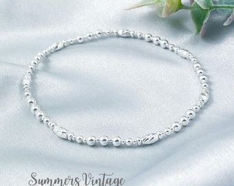 Sterling Silver Stretch Anklet, Dainty Beaded Minimalist Stacking Ankle Bracelet, Summer Jewellery