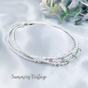 Sterling Silver Birthstone Anklet, 925 Dainty Beaded Swarovski Crystal Stretch Anklet, Tiny Ball Beads Elasticated Birthday Anklet