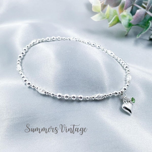 Sterling Silver Stretch August Birthstone Anklet, Peridot and Heart Charm Dainty Beaded Minimalist Stacking Ankle Bracelet, Summer Jewellery