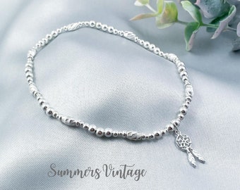 Sterling Silver Stretch Dreamcatcher Charm Anklet, Dainty Beaded Minimalist Stacking Ankle Bracelet, Summer Jewellery