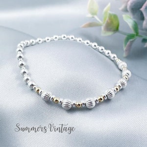 Sterling Silver and Gold Stacking Bracelet, Luxury Boho Stretch Dainty Layering, Textured Bead Bracelet