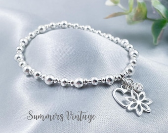 Sterling Silver April Swarovski Crystal Birthstone Bracelet, Heart and Lily Flower Charm Stretch Stacking Bracelet