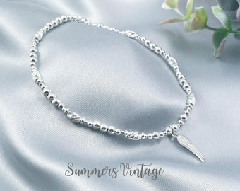 Sterling Silver Stretch Angel Wing Anklet, Feather Charm Dainty Beaded Boho Stacking Ankle Bracelet, Summer Jewellery