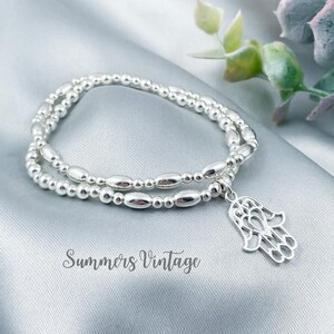 Sterling Silver Hamsa Hand Two Bracelet Set, Spiritual Layering Stacking Stretch Bracelets