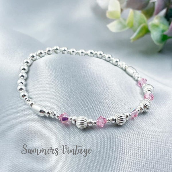 Sterling Silver Pink Swarovski Crystal Bracelet, 925 Silver Dainty Feminine Beaded Stretch Stacking Bracelet, Minimalist Bracelet