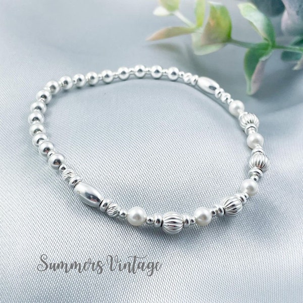 30th Wedding Anniversary Gift for Wife, Sterling Silver Swarovski Pearl Bracelet, Dainty Stretch Bracelet, Pearl Anniversary