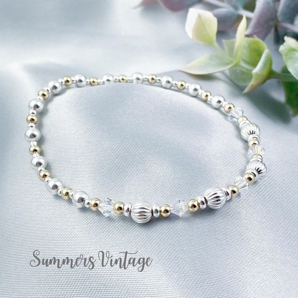 15th Wedding Anniversary Gift for Wife, Sterling Silver and Gold Swarovski Crystal Dainty Bracelet, Crystal Anniversary