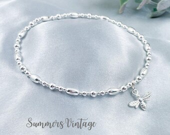 Sterling Silver Bee Anklet, Beaded Stretch Honey Bee Charm Anklet, Dainty Layering Anklet, Summer Jewellery, Lucky Queen Bee Gift